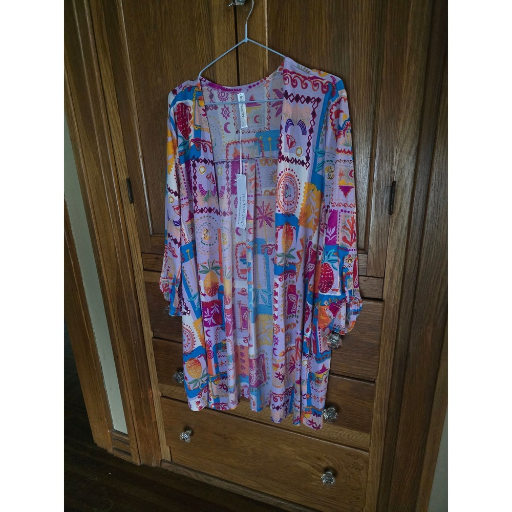 Dear Scarlett Bulgari Cardigan Womens XL Pink Multi Open Front 3/4 Tab Sleeve - Picture 2 of 5
